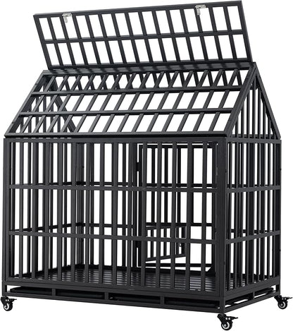 Goohome 47.24 Inch Heavy Duty Dog Crate Cage Kennel with Wheels, High Anxiety Indestructible, Sturdy Locks Design, Extra Large Crate Indoor for Large Dog with Roof & Window on Roof