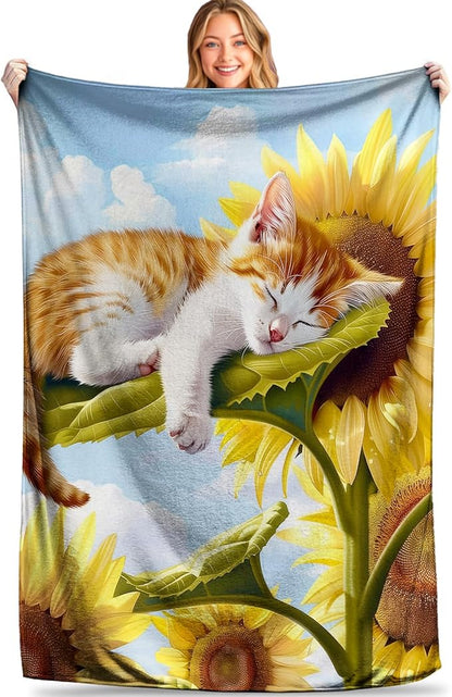 Sunflower Slumber Cat Throw Blanket - Ultra Soft, Cozy, Lightweight Flannel - Warm, Plush, Fuzzy Decor for Couch, Office, Travel - Fluffy, Cute Cat and Flower Design 40×50 Inch