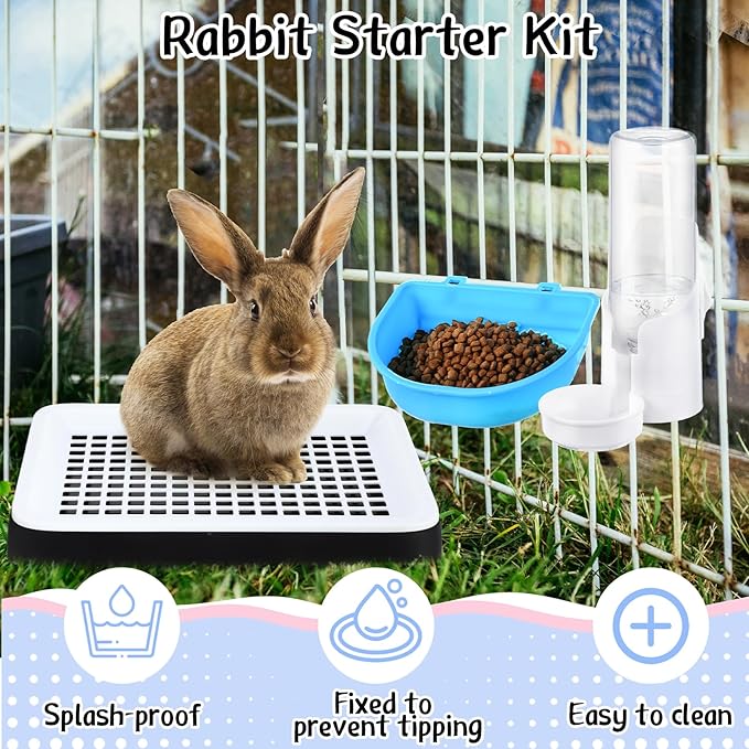 19 Pcs Rabbit Starter Kit Small Bunny Litter Box Rabbit Grooming Kit Water Bottle Bunny Toys Hay Feeder Bowl Blankets with Cleaning Set for Guinea Pig Accessories(Black,Cloud)