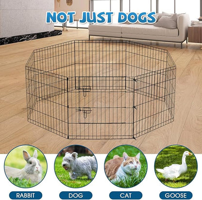 Dog Pen Pet Playpen Dog Fence Indoor Foldable Metal Wire Exercise Puppy Play Yard Pet Enclosure Indoor Outdoor 8 Panels 24 Inch with Bottom Pad/Top Cover (Black with top Cover)