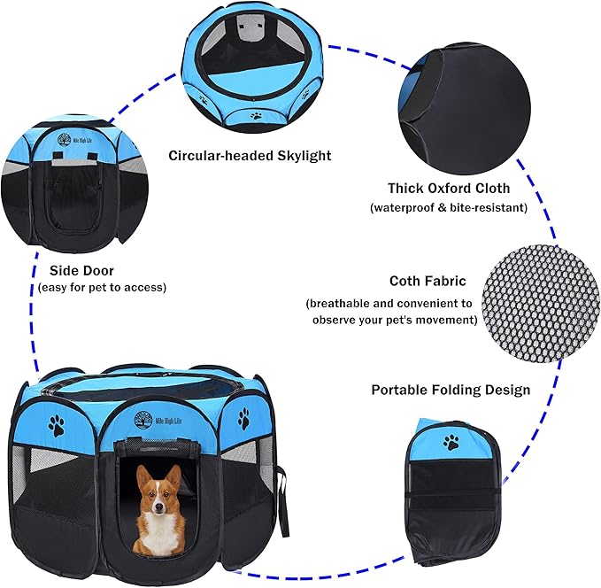 Mile High Life | Foldable Dog Playpen | Portable Dog Crate w Removable Shade Cover | Dog Kennel Indoor/Outdoor w Carry Case | Pen Tent for Dog/Cat/Rabbit(Blue+Black, Small (29"x29"x17"))