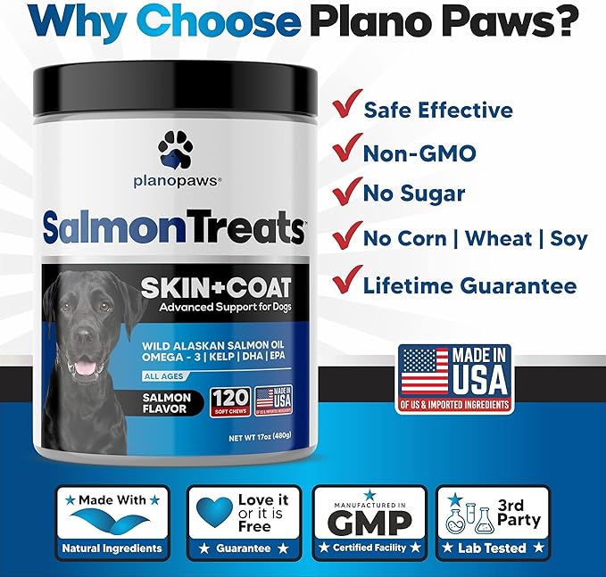 Wild Alaskan Salmon Oil for Dogs - Dog Skin and Coat Supplement - Shedding & Itch Relief for Dogs - Omega 3 Fish Oil for Dogs Chews - 120 Dog Allergy Chews - Dog Shedding Supplement - Dog Vitamins