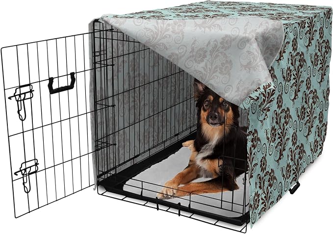 Ambesonne Art Nouveau Dog Crate Cover, Vintage Swirls Vibrant Foliage Damask Style Classic Renaissance, Easy to Use Pet Kennel Cover for Medium Large Dogs, 36 Inch, Seal Brown and Pale Blue