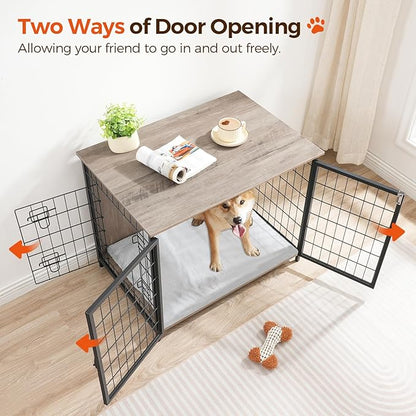 Dog Crate Furniture with Cushion, Wooden Dog Kennel with Double Doors, Heavy Duty Dog Cage for Small/Medium/Large Dogs, Indoor Dog House End Table, 31.5" L, Greige DCHG0701