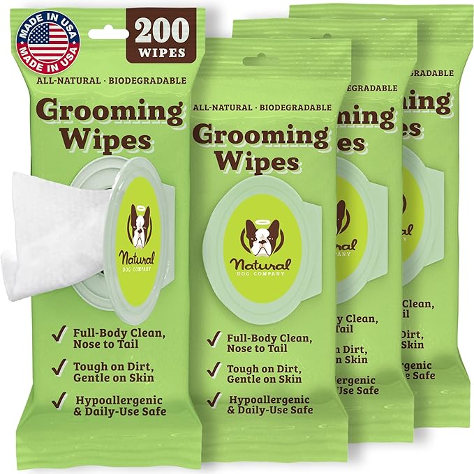 Natural Dog Company Grooming Wipes with Aloe Vera, Cleanses, Soothes, & Deodorizes, Fragrance Free, Hypoallergenic, Biodegradable Wipes - Dog Wipes for Ear, Paws, Face and Butt Wipes (200 Wipes)