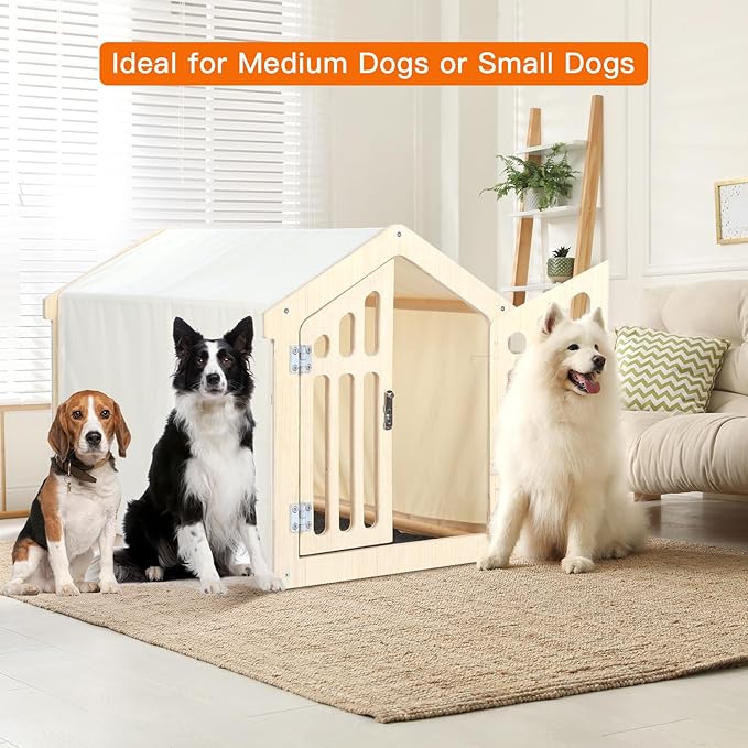 Dog House Indoor for Small Dogs & Medium Dogs 30_x21_x24_, Wooden Board & Oxford Fabric & Felt Mat, Lockable Door, Easy Assembly, Wooden Color