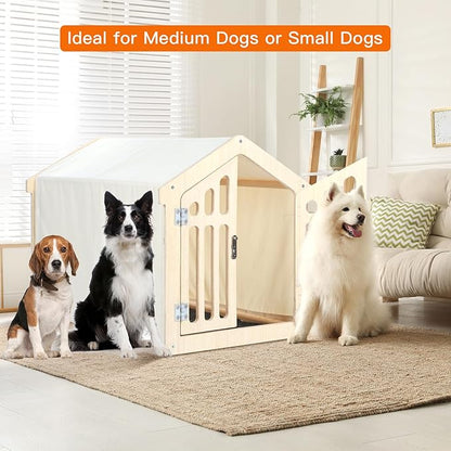 Dog House Indoor for Small Dogs & Medium Dogs 30_x21_x24_, Wooden Board & Oxford Fabric & Felt Mat, Lockable Door, Easy Assembly, Wooden Color