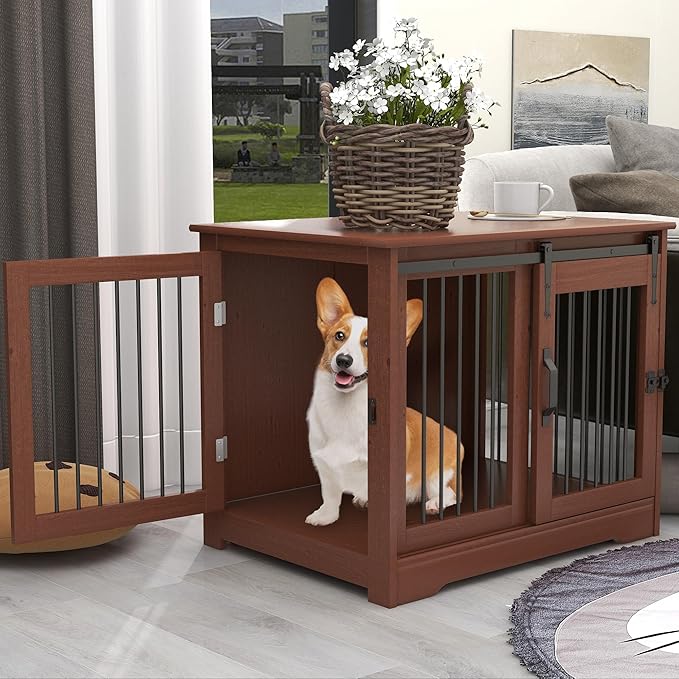 TAOHFE Solid Wood Dog Crate Furniture, Dog Kennel Indoor for Small Dogs with 2 Types Doors, Solid Wood Small Dog Crates Farmhouse Style, Dog Kennel Furniture for Dogs to Play & Rest