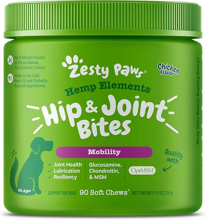Zesty Paws Mobility Bites Joint Supplement for Dogs - Soft Chews with Glucosamine for Dogs, Chondroitin, & MSM + Vitamins C and E - Hemp - Chicken - 90ct