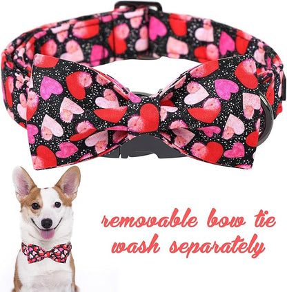 Unique Style Paws Valentine's Day Dog Collar with Bow Colorful Heart Love Dog Collars for Small Medium Large Dog New (XL, Black Bow)