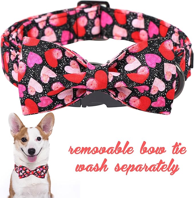 Unique Style Paws Valentine's Day Dog Collar with Bow Colorful Heart Love Dog Collars for Small Medium Large Dog New (S, Black Bow)