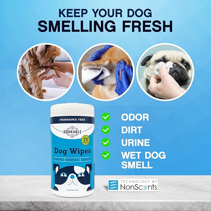 Dog Grooming Wipes - 75 Fragrance-Free Cleaning Wipes for Dogs & Puppies - Advanced Odor Neutralization for Paws, Body & Butt - Safe & Gentle for Pets, Alcohol-Free Pet Care