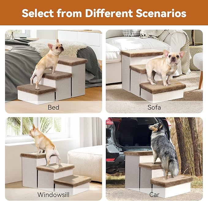 Dog Stairs with Furry Lids 17.5" H, 3-Step Wider Dog Steps with Storage for Small/Medium/Large Dogs Cats, Folding Sturdy Pet Stairs Climbing Bed or Sofa, Dog Ramp for Car Hold Up to 200 lbs, Khaki
