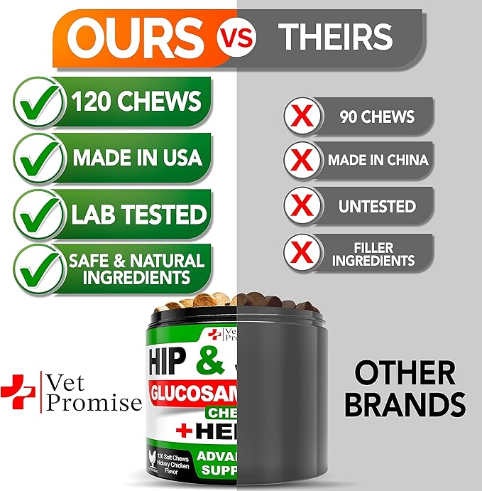 Vet Promise Hemp Hip and Joint Support Supplement for Dogs - Glucosamine for Dogs - Hemp Oil, MSM, Chondroitin - Support for Joint Pain Relief and Health - 120 Soft Chews - Made in USA