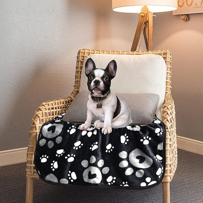 Dog Blanket, Soft Fleece Dog Blankets for Small Medium Dogs, Fluffy Flannel Pet Cat Puppy Blanket Mat Cover for Bed Couch, Cute Paw Print Throw Blanket for Dogs, Black 40"X30"