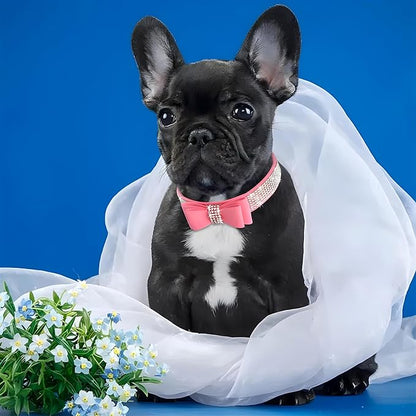 Bling Small Dog Collars for Female Dogs, Rhinestone Dog Collar with Bow tie, Crystal Jeweled Girl's Cat Collars Sparkling Glitter for XXS XS Small Dogs,Light Blue,S