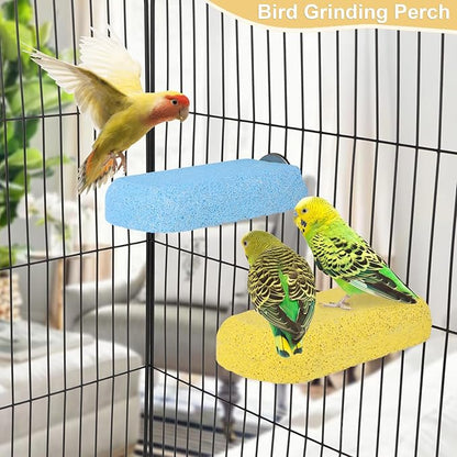 Wontee Bird Chewing Toys Grinding Beak Bird Perch Stand for Budgies Parakeets Cockatiels Lovebirds Conures Rats Squirrels, 2 Packs (Yellow+Blue)