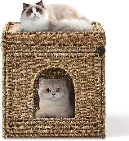 Pet Cat House, Handwoven Seagrass Cat Cave Pet Cube, Cat Beds Indoor Cat Hideaway with Double-Sided Soft Cushions Foldable for Multi Small Pet in Living Room Bedroom