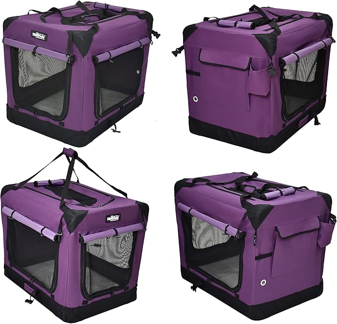 EliteField 4-Door Folding Soft Dog Crate with Curtains, Carrying Bag and Fleece Bed (2 Year Warranty), Indoor & Outdoor Pet Home (30" L x 21" W x 24" H, Purple+4 Door Curtains)