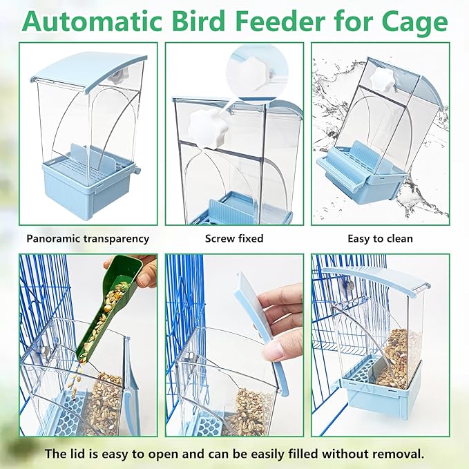 Hamiledyi Automatic Bird Feeder No Mess Bird Cage Feeder Transparent Acrylic Parrot Seed Food Container with Perch Cage Accessories for Parakeet Finch Lovebirds Budgies Canary (Blue)