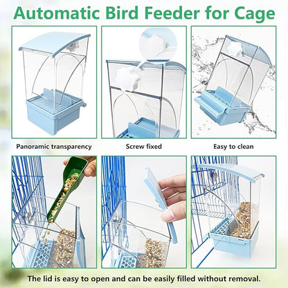 Hamiledyi Automatic Bird Feeder No Mess Bird Cage Feeder Transparent Acrylic Parrot Seed Food Container with Perch Cage Accessories for Parakeet Finch Lovebirds Budgies Canary (Blue)