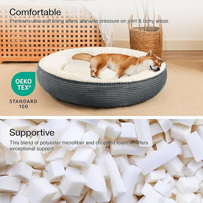 Love's cabin Round Donut Cat and Dog Cushion Bed, 36in Pet Bed for Medium or Large Dogs, Anti-Slip Water-Resistant Bottom, Super Soft Durable Pet beds, Washable Cat Bed Stripe Bluish Grey