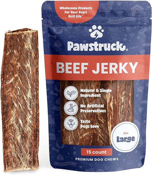 Pawstruck Premium Beef Jerky Dog Treat Chews, Large 10" Strips  Supports Hip & Joint Health, Rich in Glucosamine & Chondroitin, No Added Preservatives  15 Count