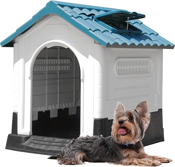 DWVO 26.8'' Plastic Foldable Dog House for Small Dogs, Waterproof Folding Pet House with Adjustable Top Window and Elevated Base (26.8''L x 22.4''W x 26''H)