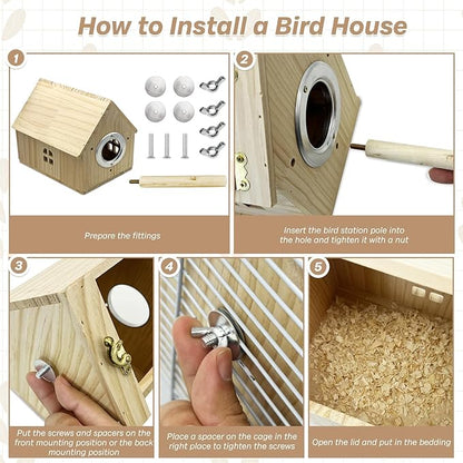 PINVNBY Parakeet Nesting Box Wooden Bird House for Cage Parrot Breeding Mating Box for Lovebirds CockatielFinch Cockatoo Canary and Small and Medium-Sized Birds (L: 7.91 * 6.81 * 6.69 inch)