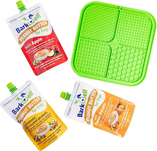 Peanut Butter Squeeze - All-Natural Dog Peanut Butter Dog Treat 3 Pack (24 oz) Sourced and Made in The USA Plus Free Lick Mat. Peanut Butter, Sweet Potato and Apple. 100% Natural