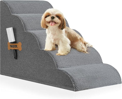 Romrol Dog Stairs Ramp for Small Dogs, Pet Stairs Steps with Durable Non-Slip Waterproof Fabric Cover, Dog Slope Stairs to Bed for Small Dogs and Cats or Pets Joints, 5-Steps, Grey