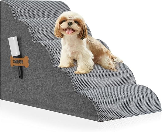 Romrol Dog Stairs Ramp for Small Dogs, Pet Stairs Steps with Durable Non-Slip Waterproof Fabric Cover, Dog Slope Stairs to Bed for Small Dogs and Cats or Pets Joints, 5-Steps, Grey