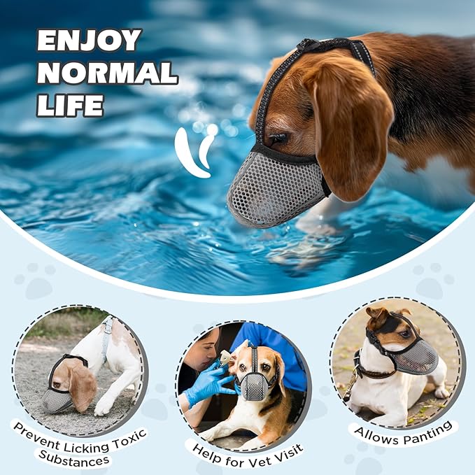 Dog Muzzle,Mesh Soft Muzzle for Small Medium Large Sized Dogs, Breathable Reflective Adjustable Puppy Muzzles with Collar for Scavenging Grooming Biting Chewing,Allows Panting and Drinking(Grey L)