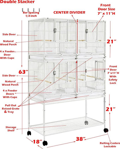 Stackable Center Divided Breeder Breeding Bird Flight Double Rolling Cage for Aviaries Canaries Cockatiels Lovebirds Finches Budgies Small Parrots (White Vein, Double Story)