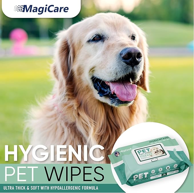 MAGICARE Dog Wipes for Paws, Butt, Ears & Eyes  100 Extra Wet & Thick Unscented Grooming Pet Wipes for Dogs & Cats  Deodorizing, Hypoallergenic  Made in USA