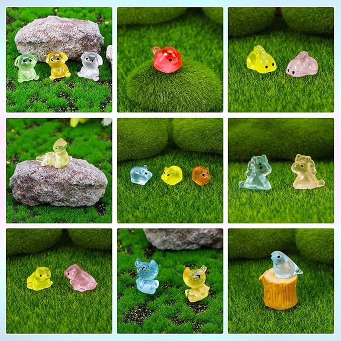 Tiny Resin Animals Figures to Hide 100 pcs Mini Resin Animals Glow in The Dark Variety Bulk Pack for Fish Tank Aquarium Fairy Garden Accessories Decorations