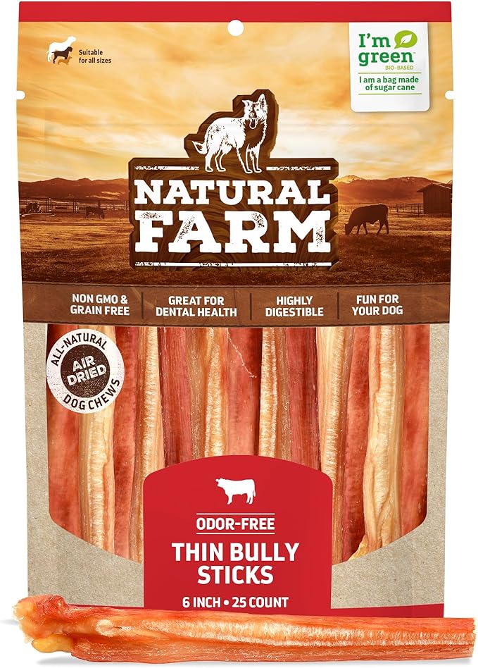 Natural Farm Odor-Free Thin Bully Sticks (6, 25-Pack) All-Natural Long-Lasting Dog Chews, 100% Beef Pizzle, Grass-Fed, Grain-Free, Protein for Muscle Development & Energy, Perfect for Medium Chewers