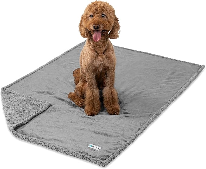 PetAmi WATERPROOF Dog Blanket for Bed, XL Dog Pet Blanket Couch Cover Protector, Sherpa Fleece Leakproof Blanket for Crate Kennel Sofa Furniture Queen Bed Protection Reversible Soft 90x90 Light Grey