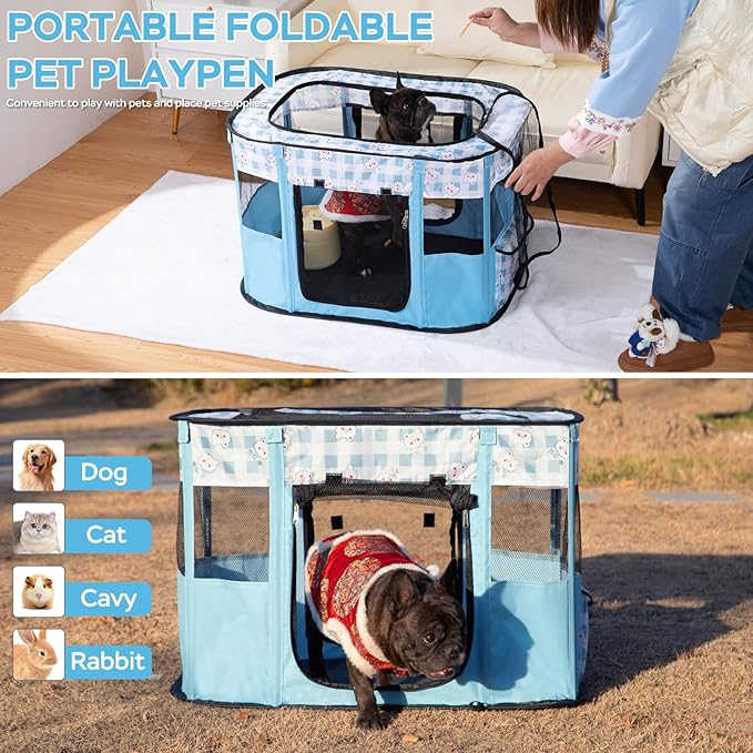 Portable Pet Playpen Cat Cages Indoor， 27.6" L x 21.7" W x 17.7" Collapsible Dog Crates Made of 600D Oxford Material Tent Kennel Playpen for Dogs Cat and Rabbit Travel Dog Playpen Indoor(S, Blue)