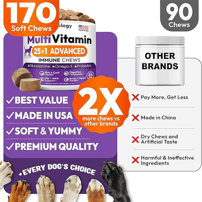 Dog Multivitamin Chewable - Dog Vitamins and Supplements with Glucosamine - 170 Chews - Hip & Joint, Pet Immune Support, Skin & Coat, Gut & Heart Health - Senior & Puppy Multivitamin Pet Supplement