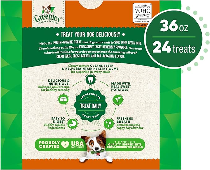 Greenies Large Dental Dog Treats, Sweet Potato Flavor, 36 oz. Pack (24 Treats)