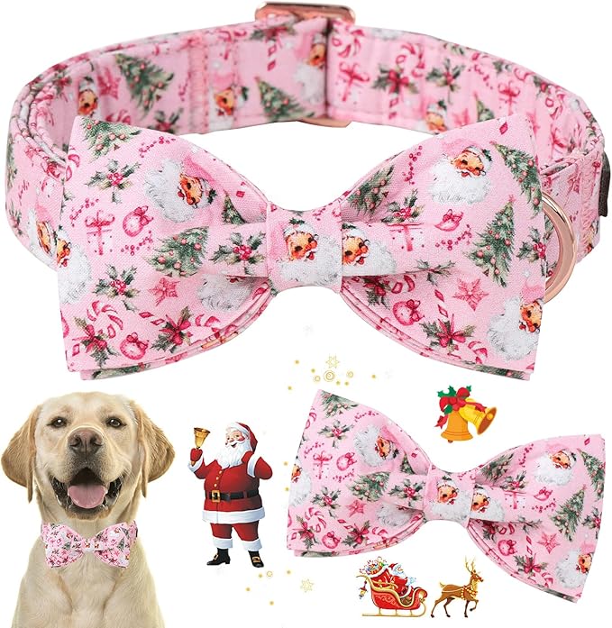ARING PET Christmas Dog Collar-Cotton Pink Santa Claus Dog Collar with Bow, Adjustable Christmas Bowtie Dog Collars Pet Necklace with Metal Buckle for Girl&Boy Dogs