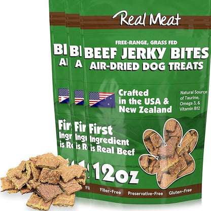 Real Meat Dog Treats - Three 12oz Bag of Bite-Sized Air-Dried Beef Jerky for Dogs - Grain-Free Jerky Dog Treats with 95% Human-Grade, Free-Range, Grass Fed Beef - All-Natural High Protein Dog Treats