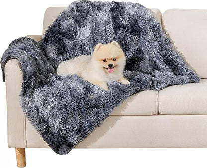 Luciphia Large Waterproof Dog Blanket Pet Washable Liquid Proof Furniture Protector Small Shaggy Plush Calming Long Faux Fur Bed Cover for Couch Cat Blankets for Kitten Doggy, Tie-dye Grey, 30" x 40"