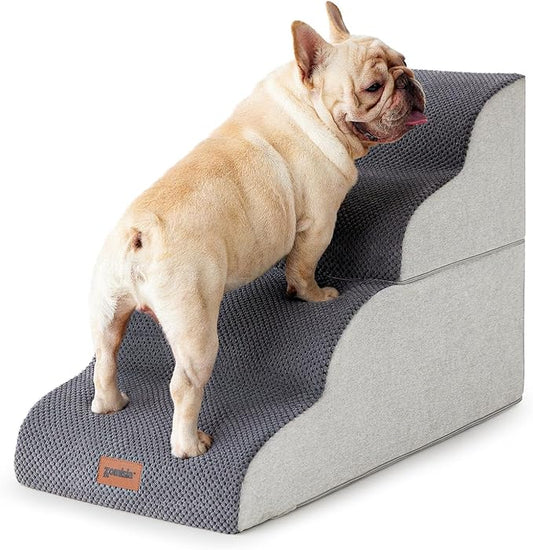 Dog Stairs for Bed - Pet Stairs for Small to Medium Dogs to Get on Bed and Couch, 35D Foam Dog Steps with Non-Slip Bottom Dog Ramp Grey, 4 Steps, 2-in-1 Connected by Zipper