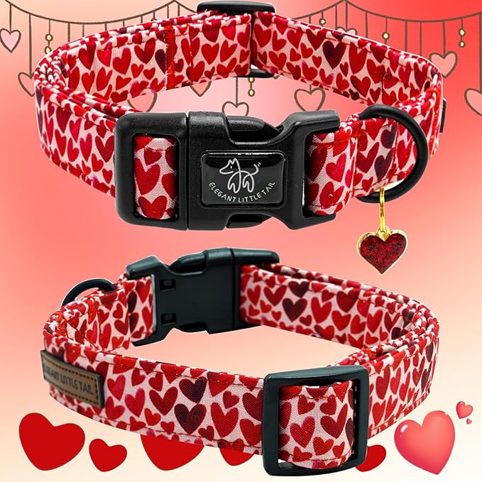 Elegant little tail Valentine's Day Dog Collar-Cute Red Heart Dog Collar for Medium Dogs, Female or Male Adjustable Cotton Pet Collar with Quick Release Buckle for Small Medium Large Dogs
