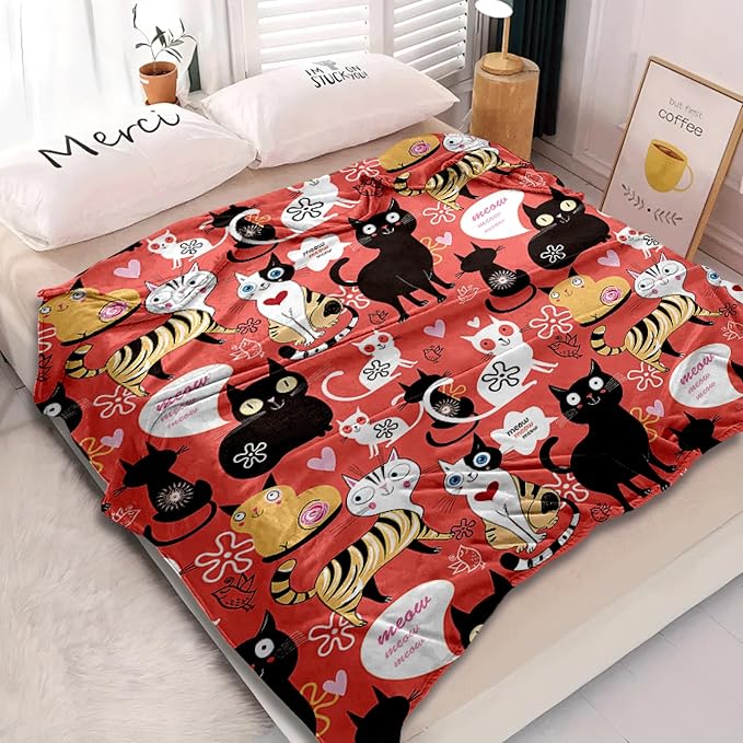 Ultra Soft Flannel Cat Throw Blanket - Cute Pattern, 50"x60" Gift for Cat Lovers (Women, Men, Kids, Adults)