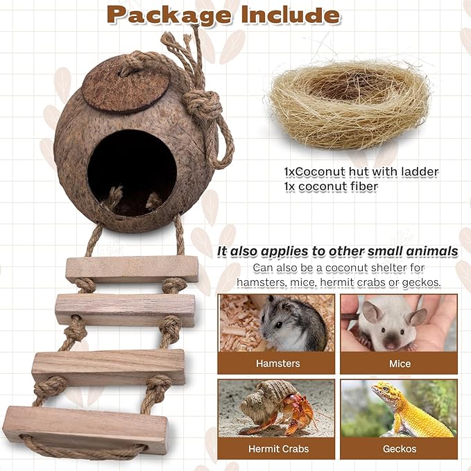 PINVNBY Coconut Bird Nest Hut with Ladder, Coconut Hide Lovebird House Hanging Toy for Budgies Parakeet Cockatiels Conure Canary Finch Pigeon (with Natural Coconut Fiber)
