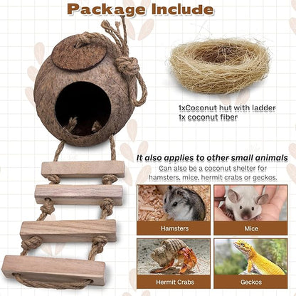 PINVNBY Coconut Bird Nest Hut with Ladder, Coconut Hide Lovebird House Hanging Toy for Budgies Parakeet Cockatiels Conure Canary Finch Pigeon (with Natural Coconut Fiber)
