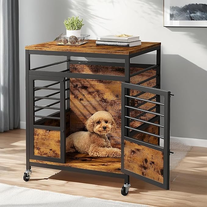 YITAHOME 24" Dog Crate Furniture with Wheels, Farmhouse Decorative Wood Dog Cage End Table Chew-Resistant Wooden Dog Kennel Indoor for Small Dogs, Rustic Brown